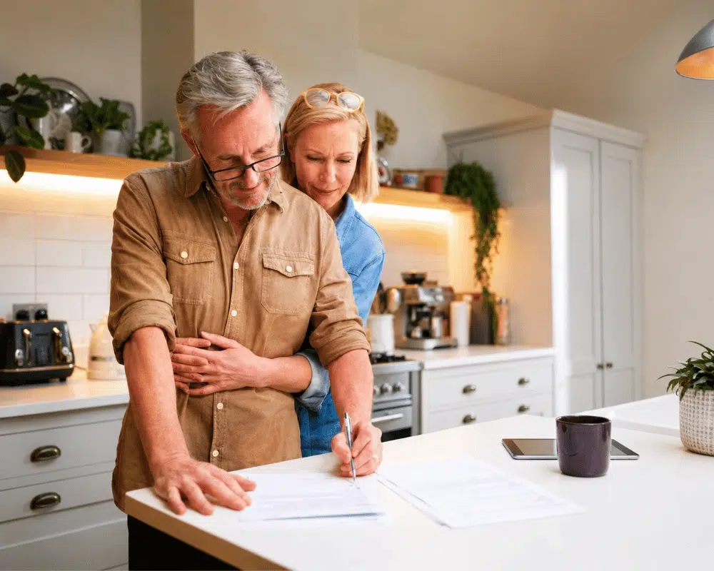 Older couple reviewing important financial documents at home with guidance from an independent insurance agent.