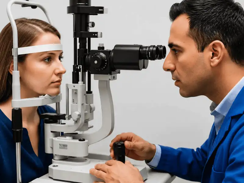 Eye doctor performing a comprehensive vision examination for a patient using professional equipment.