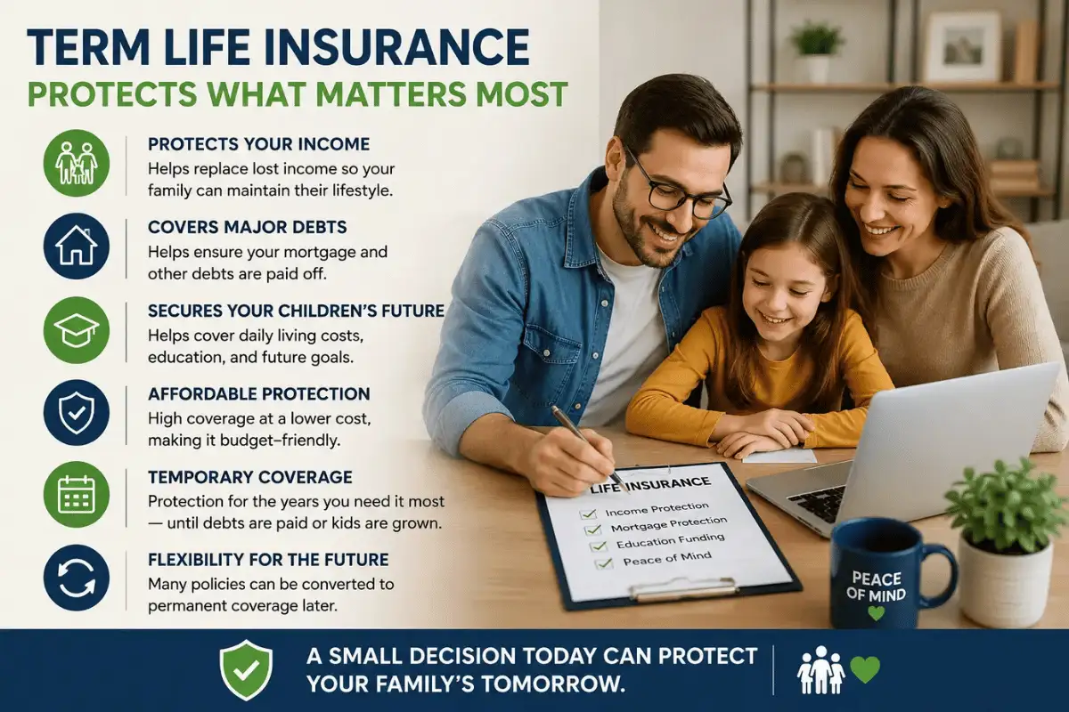 Family reviewing term life insurance options together, illustrating affordable financial protection, income security, and peace of mind for the future.