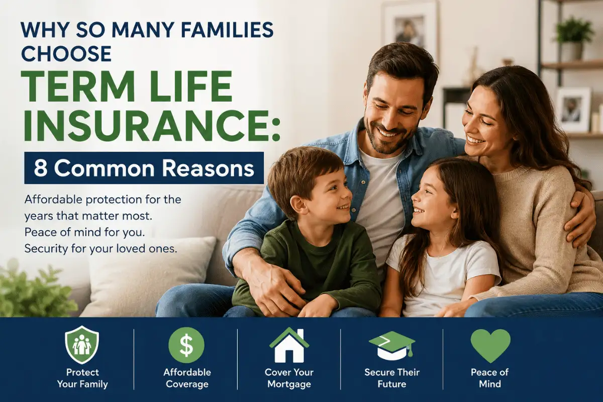 Happy family together at home representing the financial protection, affordability, and peace of mind provided by term life insurance.
