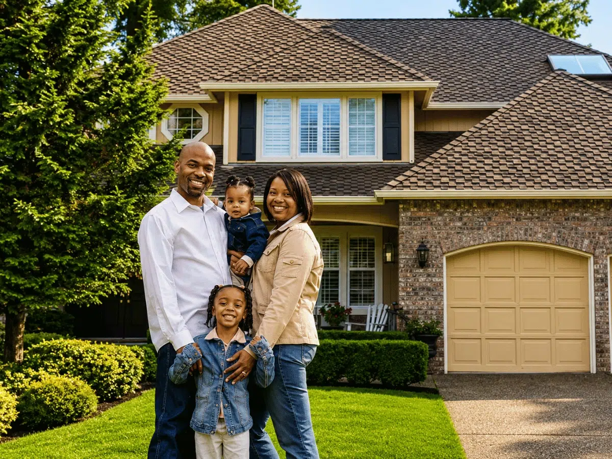 Family standing outside their home, representing financial security through trusted life insurance coverage.